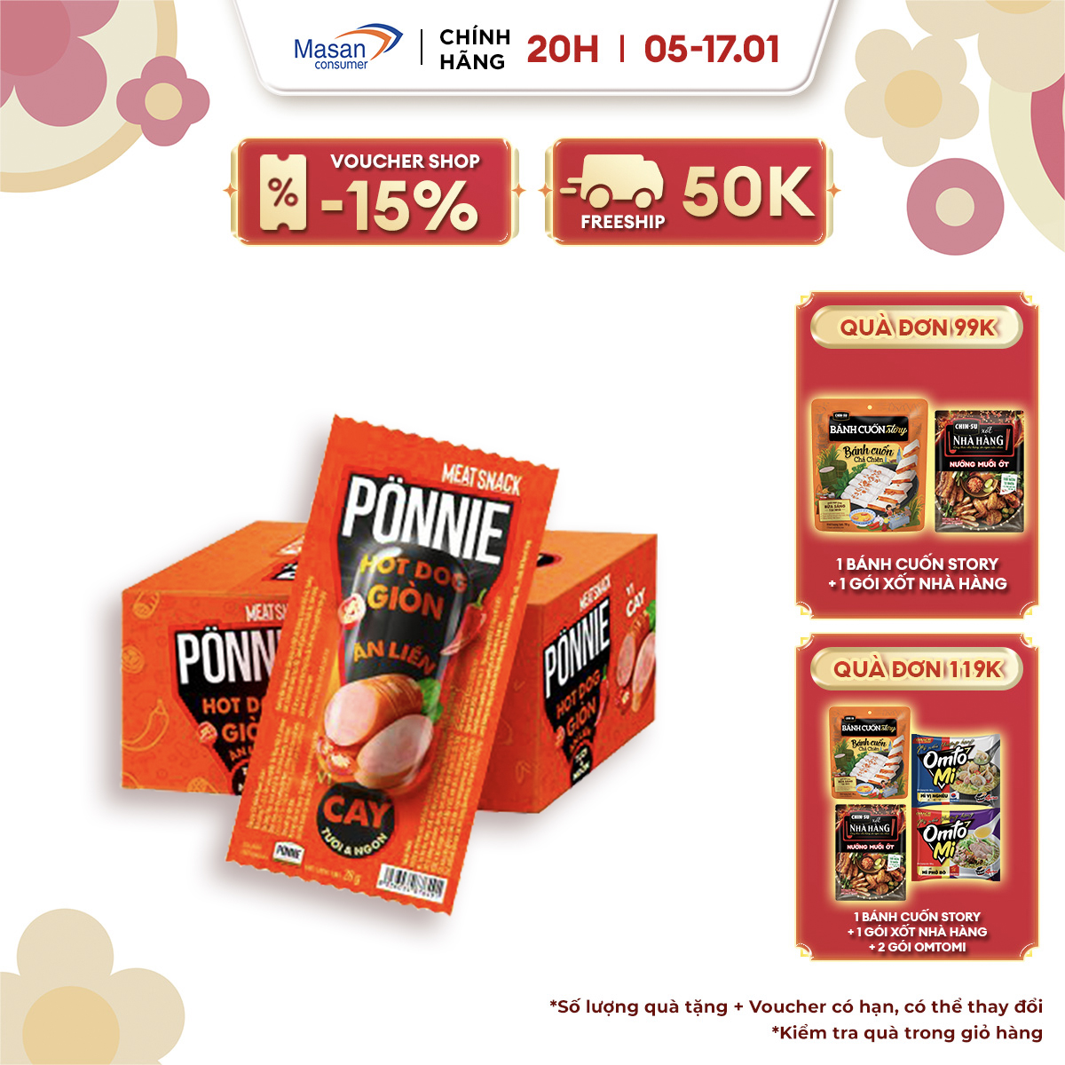 [VOUCHER 18% ĐƠN 199K]  Ponnie Hot Dog Giòn Ăn Liền Vị Cay  Hộp 20 Cây x 28G