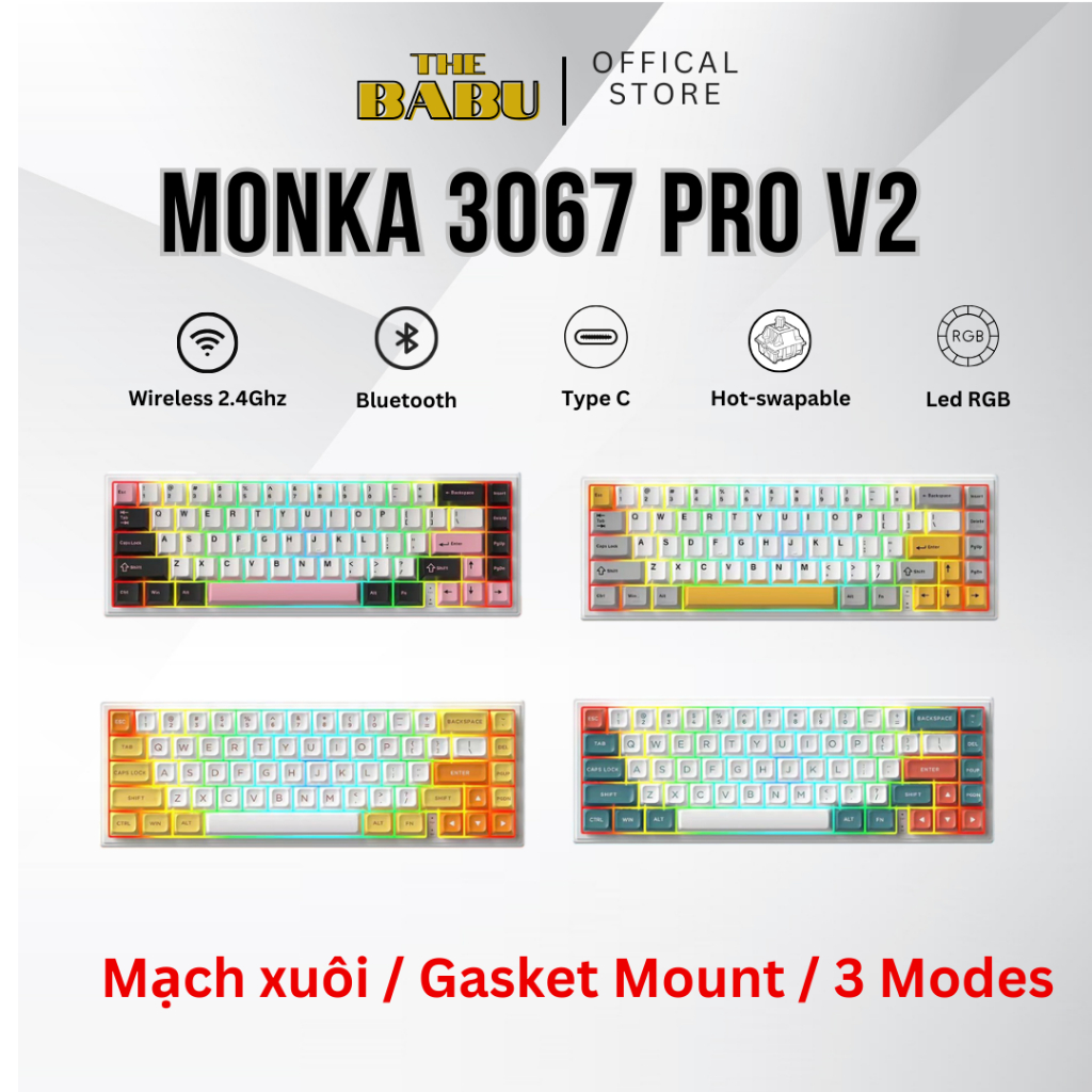 [HÀNG SẴN] Monka 3067 V2 Pro - Bàn phím cơ Monka 3067 V2 Pro Mạch Xuôi (Led RGB, Kết Nối 3 Mode,Keyc