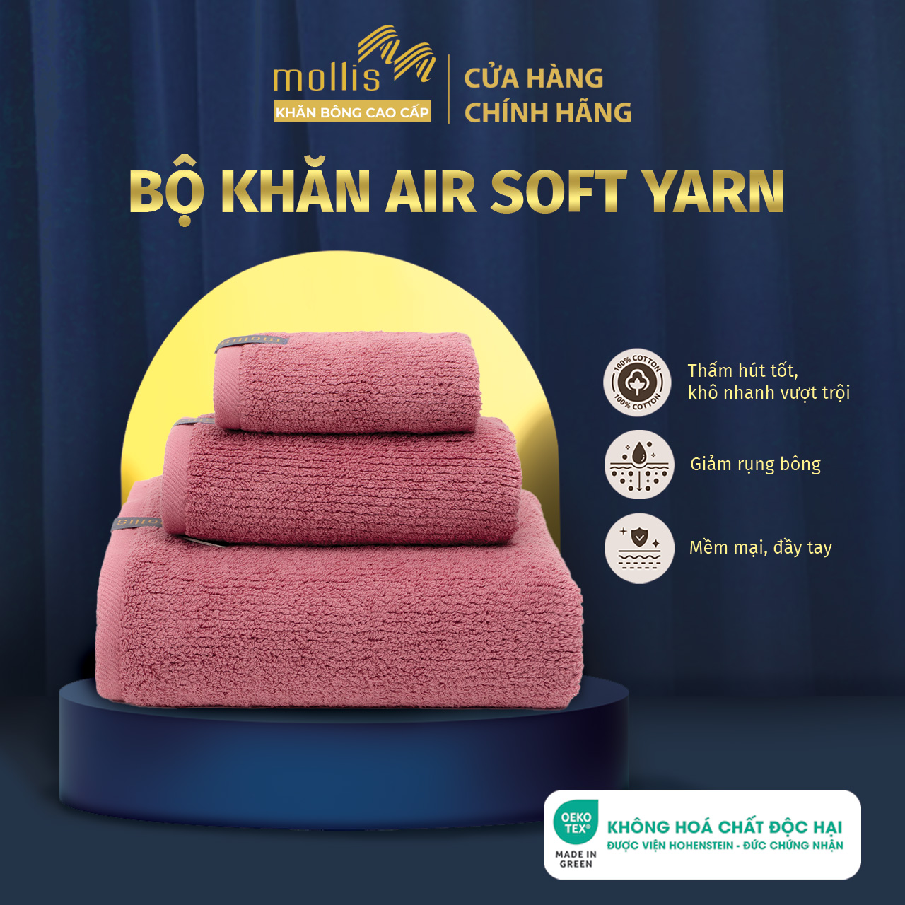 Khăn tắm khăn gội khăn mặt Mollis cao cấp sợi Air Soft Yarn ít rụng bông mềm mại thấm hút tốt khô nhanh vượt trội cho người lớn phù hợp cho thể thao gội đầu quấn đầu du lịch