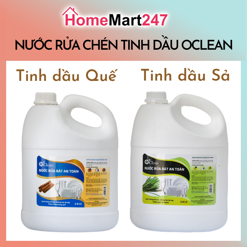 Nước rửa chén tinh dầu sả chanh, tinh dầu quế oclean 3.8l an toàn sức khỏe