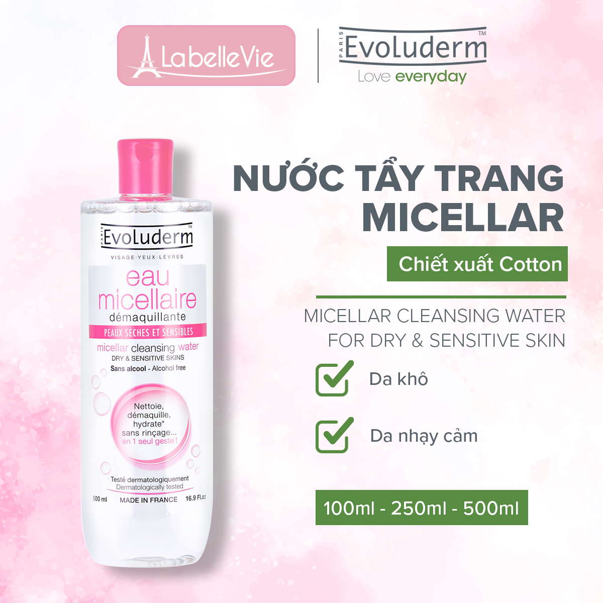 Nước tẩy trang làm sạch sâu Evoluderm Eau Micellaire 500ml