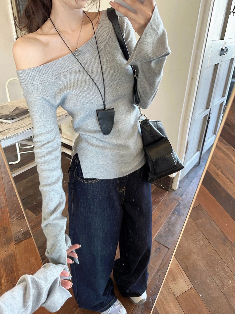 [Zestiva] áo thun tay dài áo thun ôm body áo thun trơn áo lệch vai áo len trễ vai tay dài dệt kim tay dài