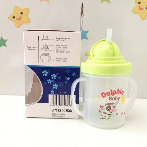 Bình nước ống hút nắp bật tập uống có tay cầm Dolphin Dung Tích 240ml