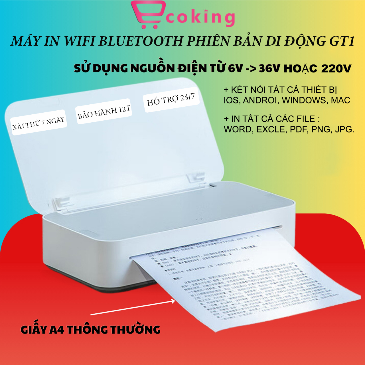 Máy in A4 wifi di động GT1 ECOKING giấy thông thường sử dụng nguồn điện 100V-220V, 12V-24V phù hợp s