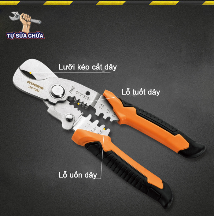Kìm kéo cắt dây đa năng 3 trong 1 cắt cáp-tuốt dây-bấm cos chính hãng rdeer rt 120-6281  7inch/175mm, được chế tạo bằng thép CR-V, có độ cứng cao