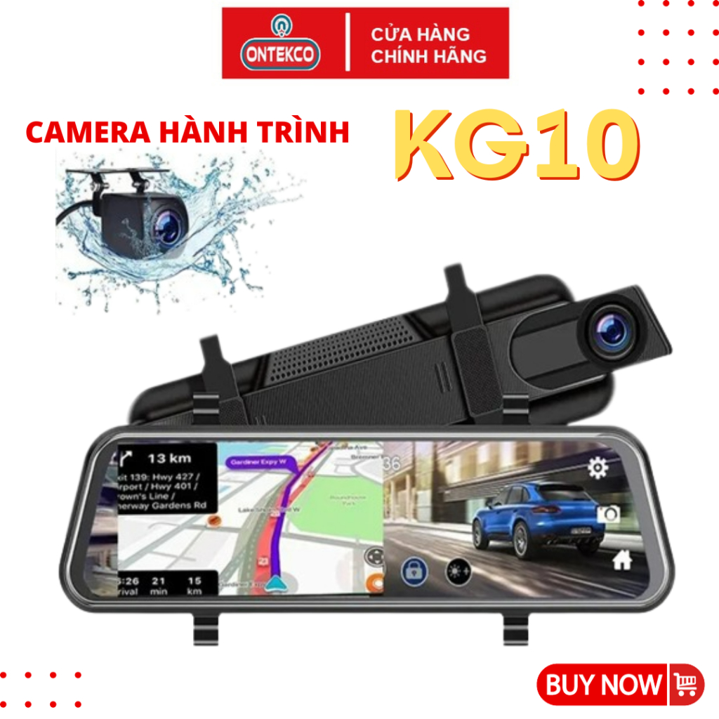 camera hành trình ontekco kg10 promax 2k - wifi màn gương 10inh cảm ứng, xem video trên điện thoại+ camera lùi 1080p