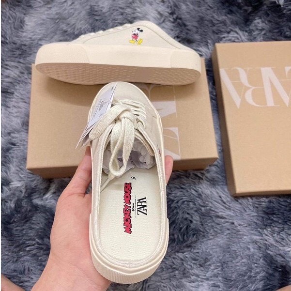 Sục mickey mang hàng ngày, giày sneaker nữ hở gót, giày đạp gót zara vải canvas in hình chuột mickey