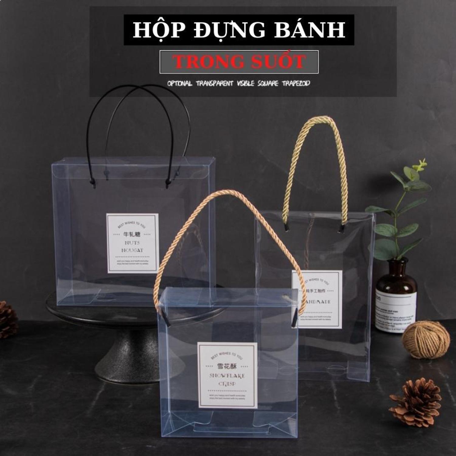 Hộp đựng bánh quy mica trong suốt quà tặng có dây quai bánh cooki phụ kiện trang trí