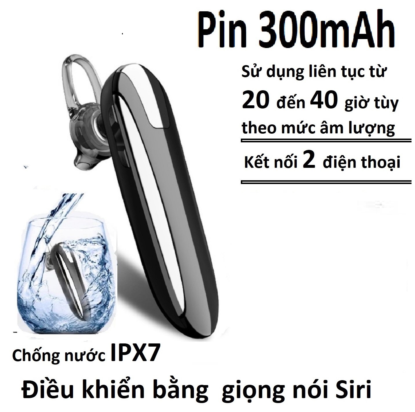 Tai nghe Bluetooth X8 chip 5.0 , chức năng trợ lý  giọng nói Siri, kết nối 2 điện thoại ,Pin 300 mAh sử dụng liên tục từ 20 đến 40 giờ tùy theo mức âm lượng.