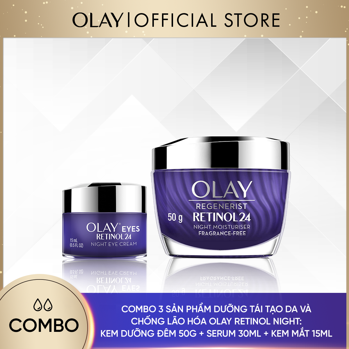 [25-30.11 DEAL SỐC ĐƠN 749K TẶNG 4 QUÀ] Combo 2 Sản Phẩm OLAY Retinol Tái Tạo Da Và Chống Lão Hóa Toàn Diện: Kem Dưỡng 50g + Kem Mắt 15ml [Số lượng quà có hạn]