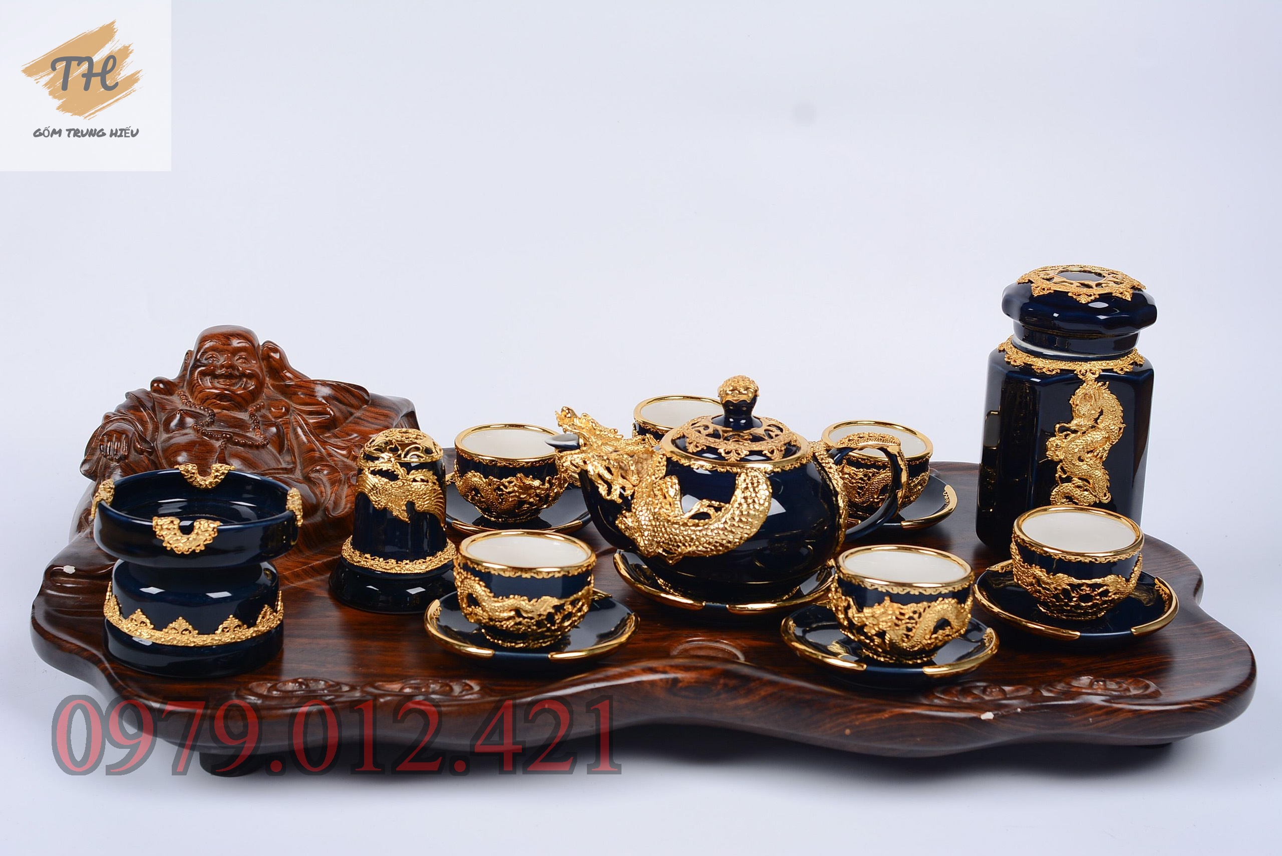 Bộ ấm chén bọc đồng rồng xanh Coban Bát Tràng (không kèm khay gỗ)
