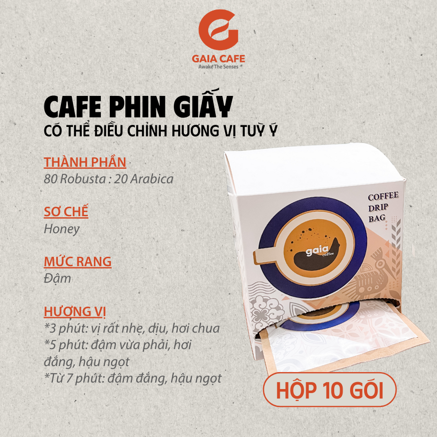 (Hộp 10 Gói) Cà phê phin giấy Gaia Cafe - Cafe Robusta và Arabica rang xay nguyên chất
