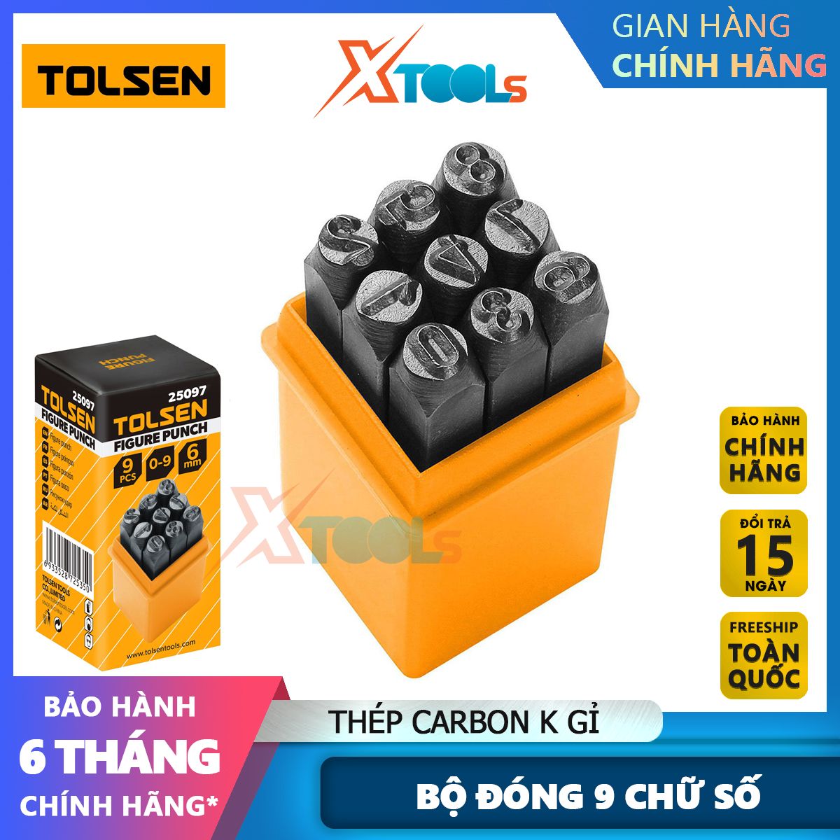 Bộ đóng số khung số máy Tolsen 3-6mm 9 chữ số, thép carbon không gỉ, độ sắc nét cao XTOOLs