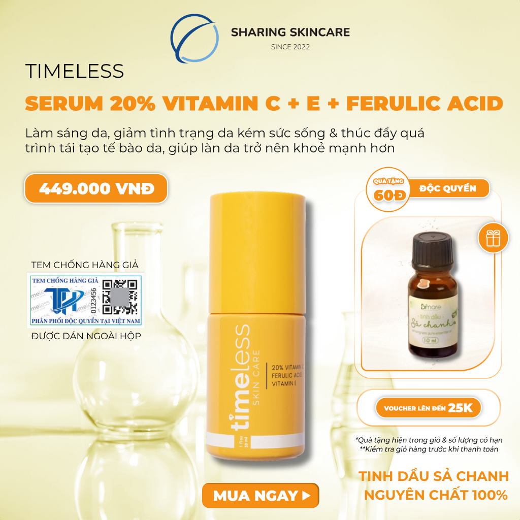 Serum Timeless 20% Vitamin C + E + Ferulic Acid Giúp Làm Trắng Da Giảm Thâm 30ml