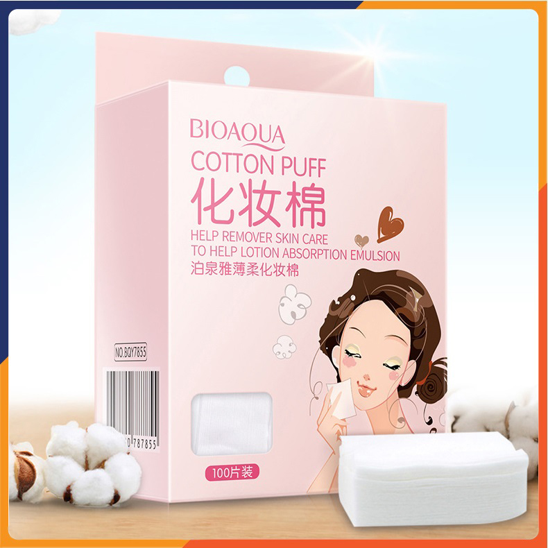 Hộp bông tẩy trang 100 miếng Bioaqua vừa mềm vừa dai, vuông, nhỏ gọn, giữ ẩm, không tốn nước, bông tẩy trang cao cấp giá rẻ nội địa Trung Melystore SPU049