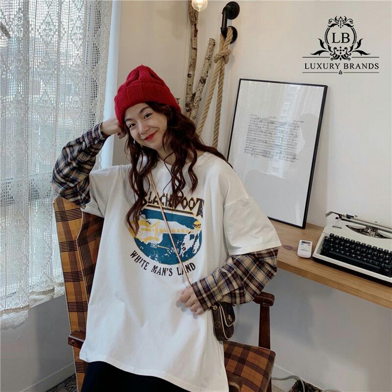 Áo phông thun dài tay giả 2 lớp tay kẻ caro sơ mi in hình thời trang ulzzang Hàn Quốc thu đông 2019 l1