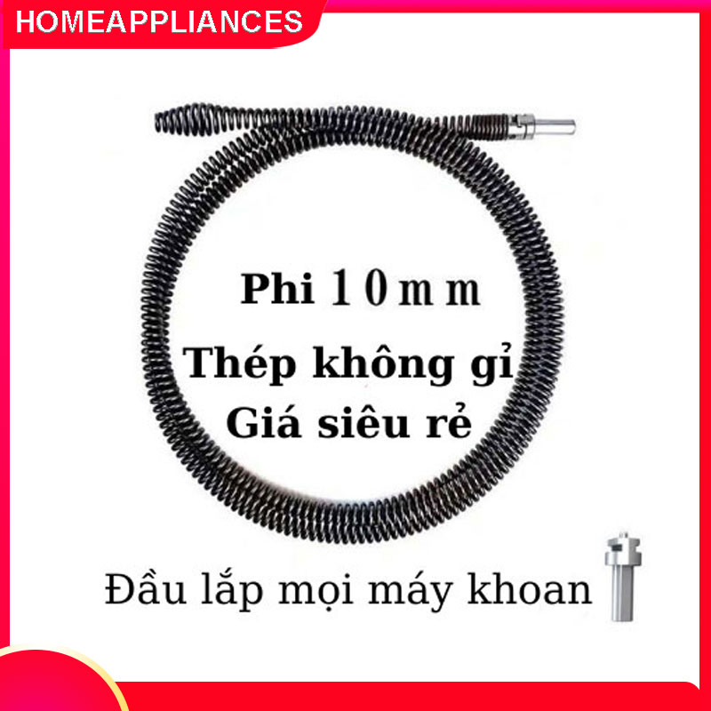 Dây thông tắc cống, thông bồn cầu lò xo INOX siêu bền từ 5m/8m/10m/15m lắp cùng máy khoan đã có đầu nối