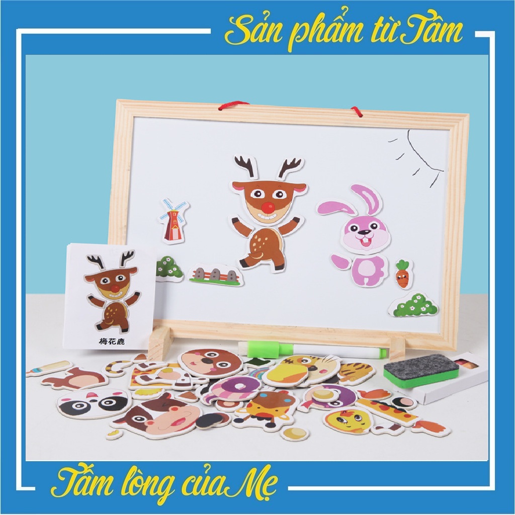 Bảng Gỗ 2 Mặt Ngộ Nghĩnh Ghép Hình Con Vật Nam Châm Cho Bé Thỏa Sức Sáng Tạo-Chôm kids