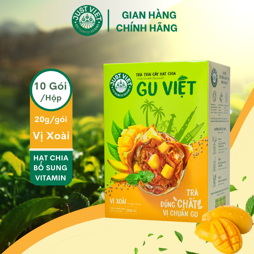 Trà Trái Cây Hạt Chia Just Viet - VỊ XOÀI - Tiện Lợi Thơm Ngon - HỘP 10 GÓI x 20g