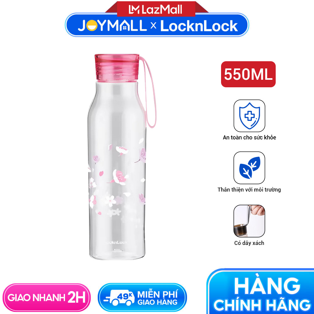 Bình nước nhựa 550ML Eco LocknLock ABF644LPIK Sakura, Hàng chính hãng, anh đào, nắp kèm dây silicone, chống rỉ - JoyMall