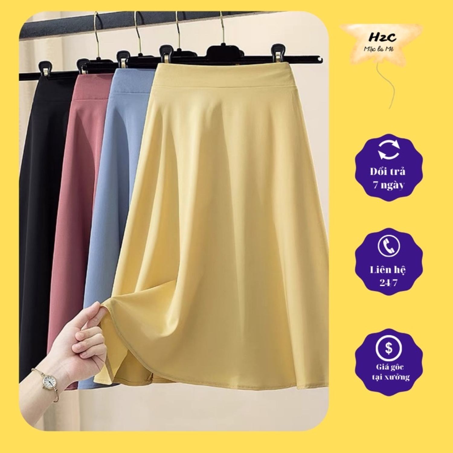 Chân váy xoè hoạ tiết trơn phom đẹp vải tuyết mưa
