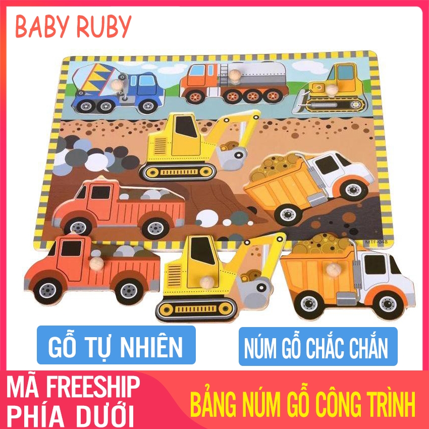 Bảng Đồ Chơi Bằng Gỗ Có Núm - Hình Công Trình, 11 chi tiết, gỗ cao cấp - Bảng ghép hình núm gỗ, bảng ghép hình bằng gỗ, bảng gỗ ghép hình cho bé, đồ chơi bảng núm gỗ xếp hình, bảng ghép hình gôc có núm - Baby Ruby