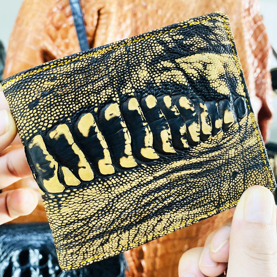 Ví ngang nam da đà điểu, chất liệu da chân da đà điểu wax màu vàng xám thủ công bảo hành 2 năm