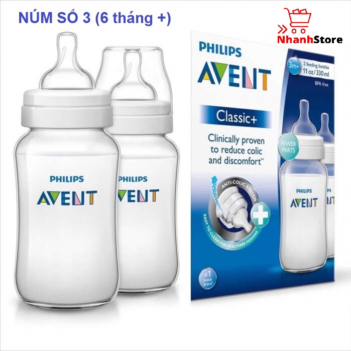 Bình sữa Philips Avent Classic 330ml (Núm số 3, 6 tháng+)
