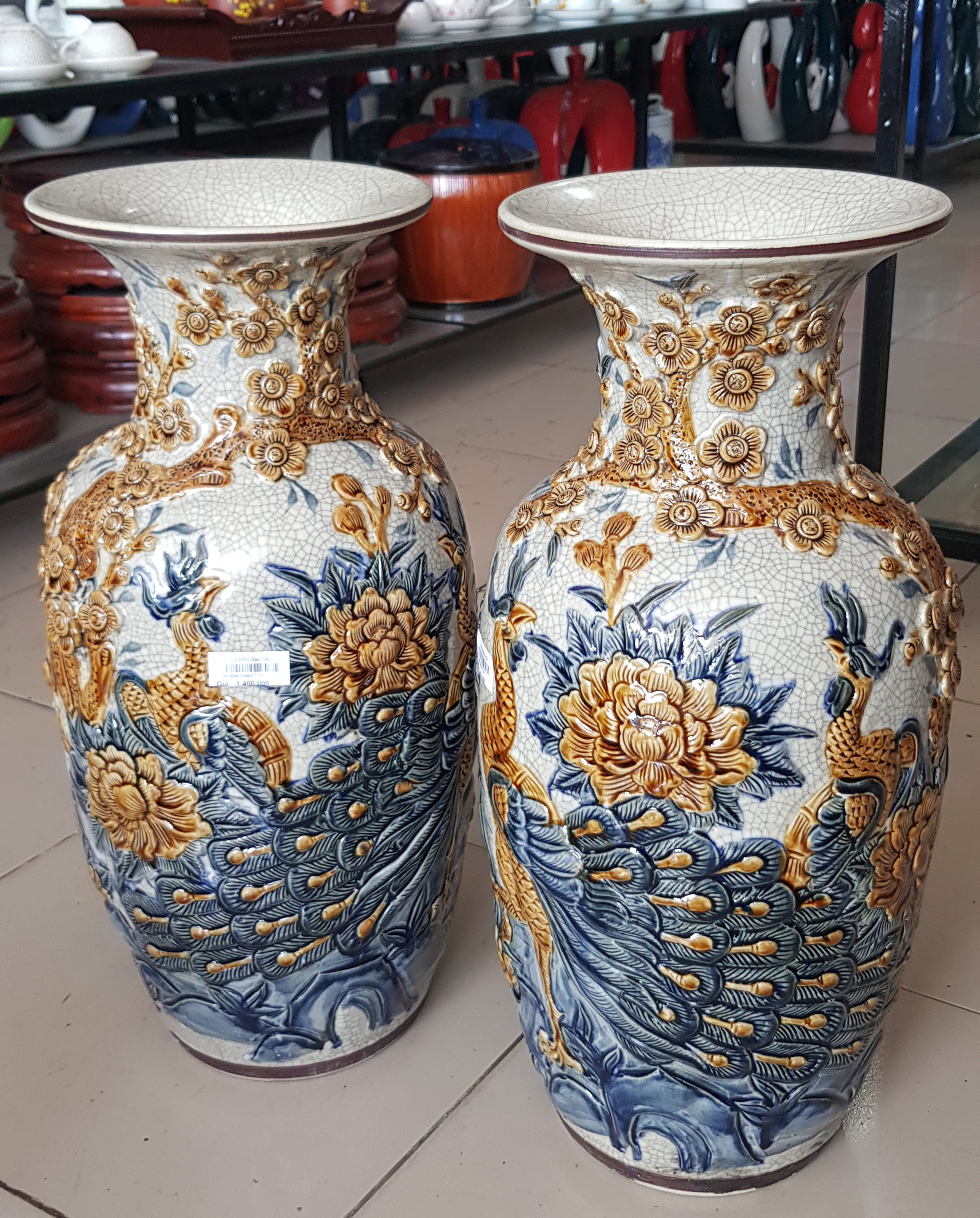 Bình hoa men rạn đắp hoa nổi thủ công - Gốm sứ Bát tràng Cao Cấp
