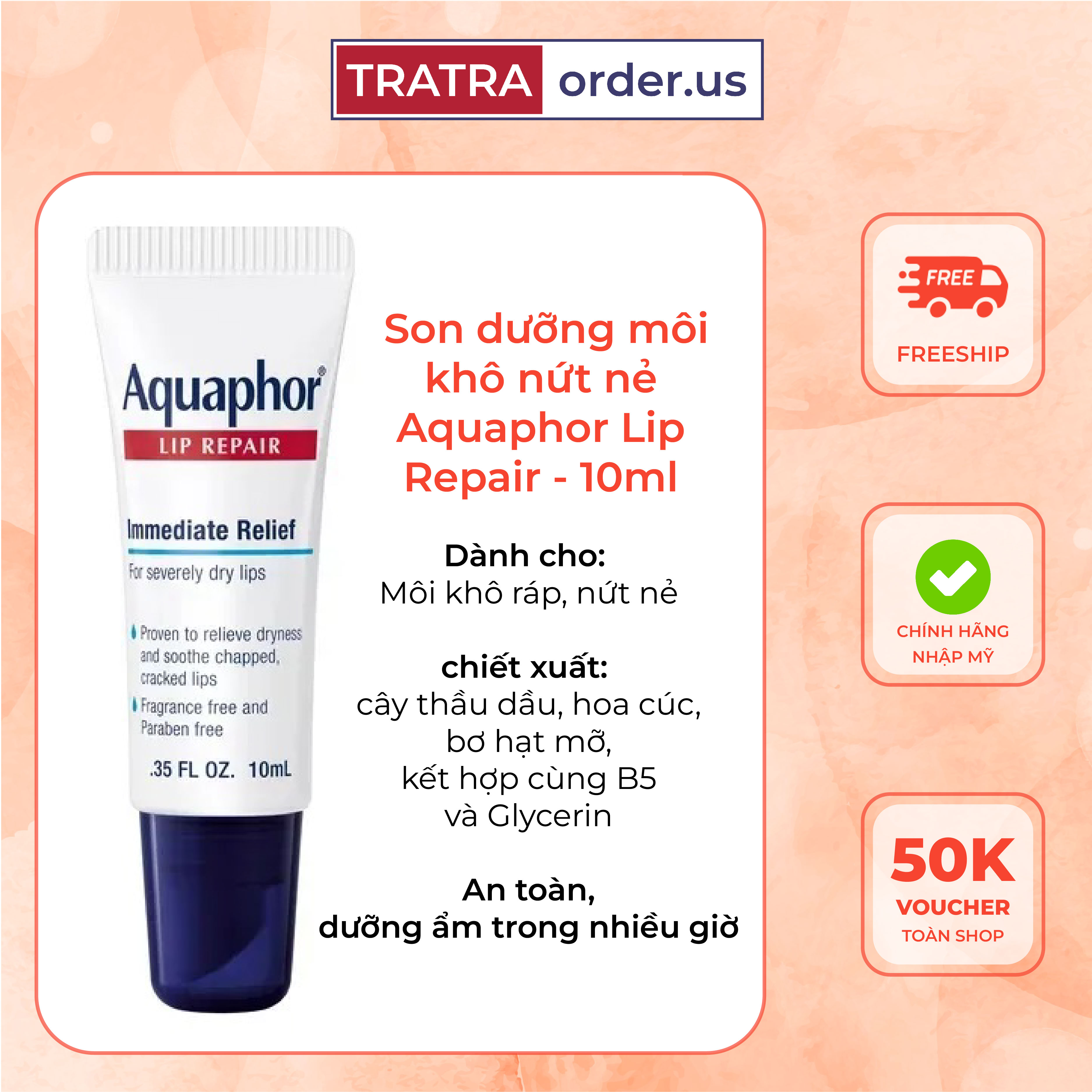 Son dưỡng môi khô nứt nẻ Aquaphor Lip Repair 10ml Đủ bill Mỹ