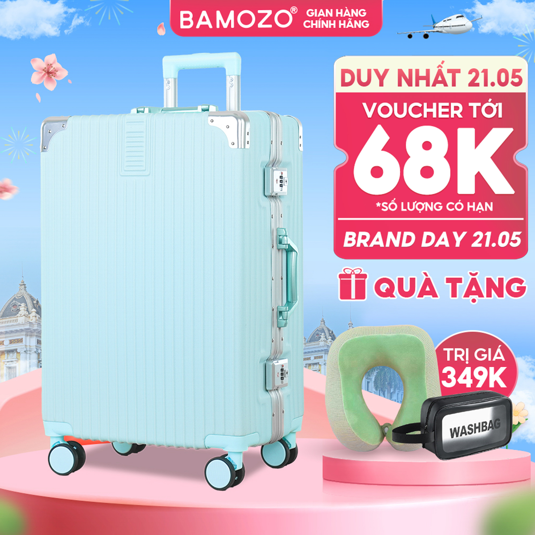 Vali Kéo Du Lịch Cao Cấp Chống Trộm Bamozo Khung Nhôm 9066 Size 20 Bịt 4 Góc Chống Va Đập, Nhựa Abs/Pc Cao Cấp.