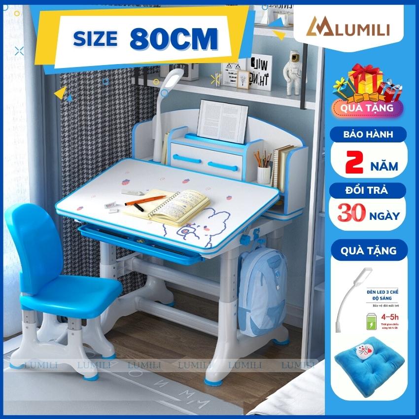 Size Lớn Tặng đệm ghế Bộ bàn học có kệ sách chông gù chống cận, size 80cm K50 bàn ghế trẻ em tăng chỉnh độ cao lumili