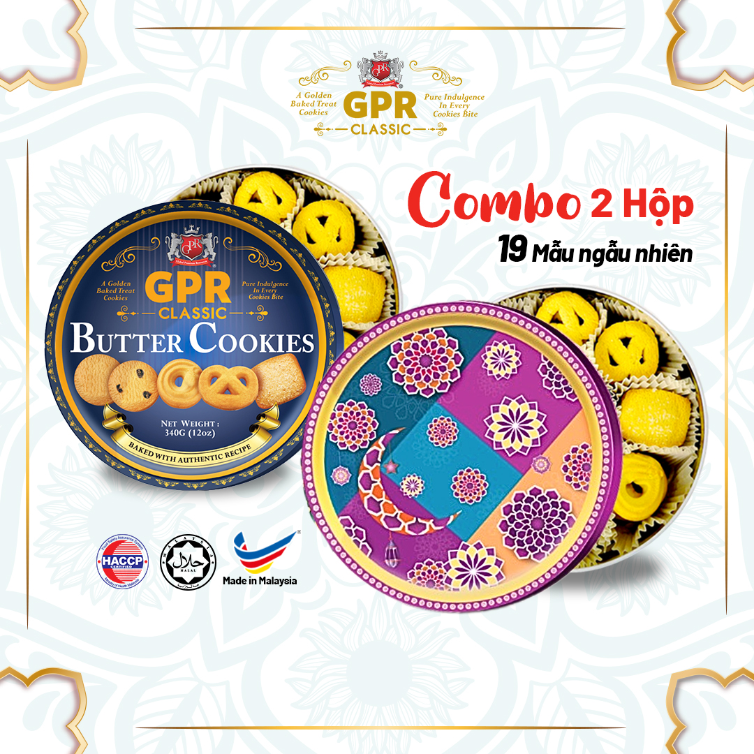 Combo 02 Bánh Quy Bơ GPR 340G Nguyên Bản Công Thức Malaysia, Tết Hoa Văn Trung Á, Đồ Ăn Vặt, Làm Quà Tặng, Hộp Ngẫu Nhiên
