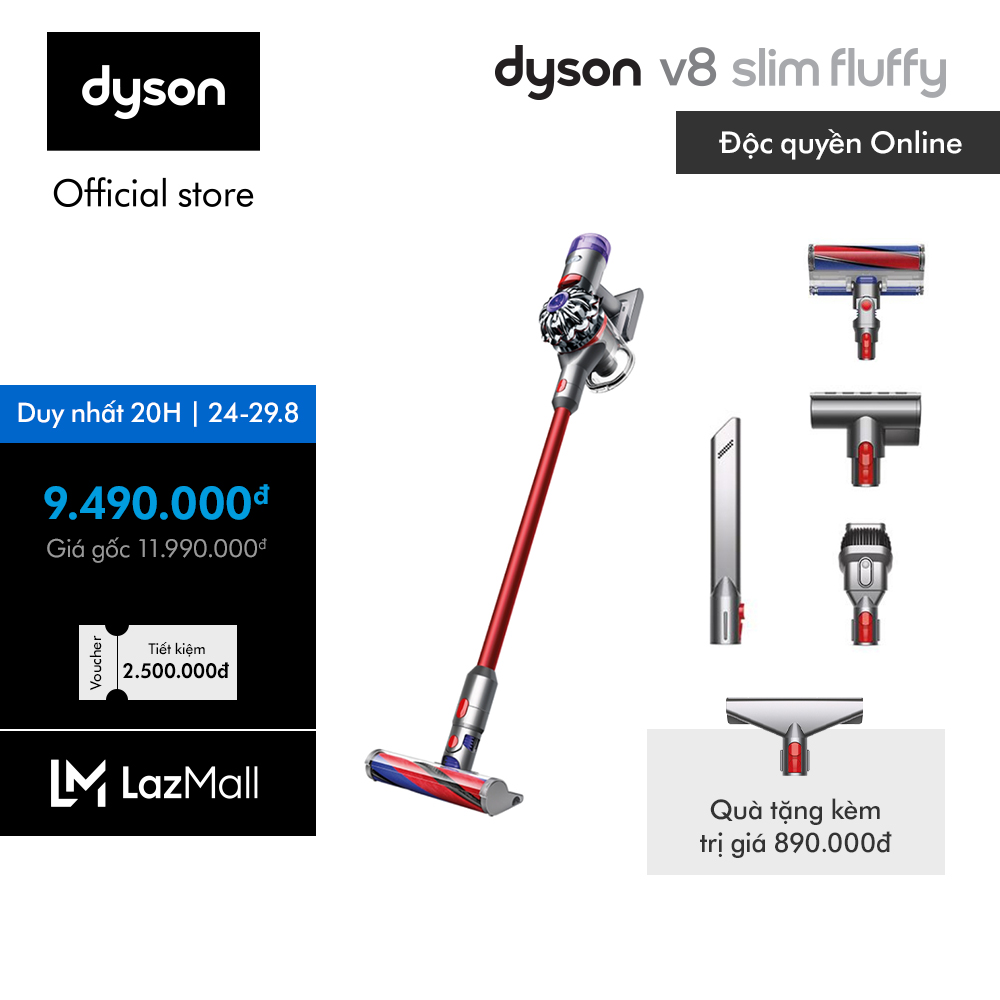 [DUY NHẤT 25-29.8: Tặng Đầu hút vải nệm + Voucher 400K] Máy hút bụi không dây Dyson V8 Slim Fluffy