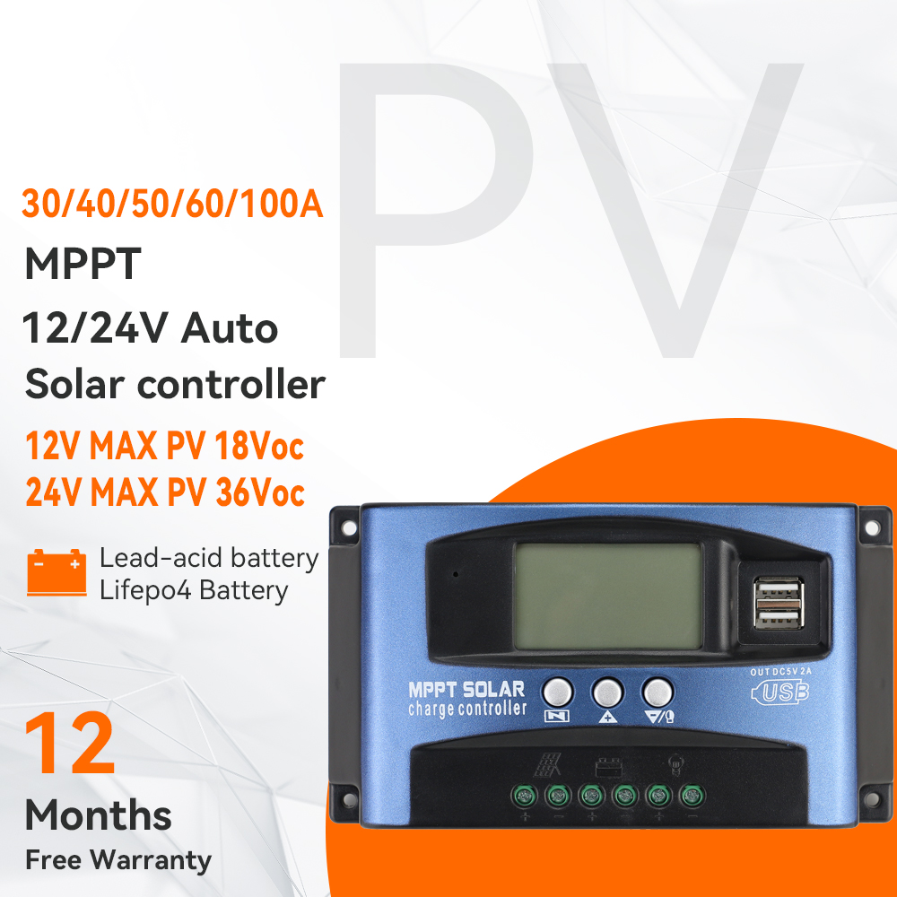 Mppt new bộ điều khiển sạc năng lượng mặt trời 30a 60a 100a màn hình lcd usb kép tự động 12v 24v dịch vụ bảo hành bộ điều chỉnh bộ sạc tế bào năng lượng mặt trời với dòng bl tải