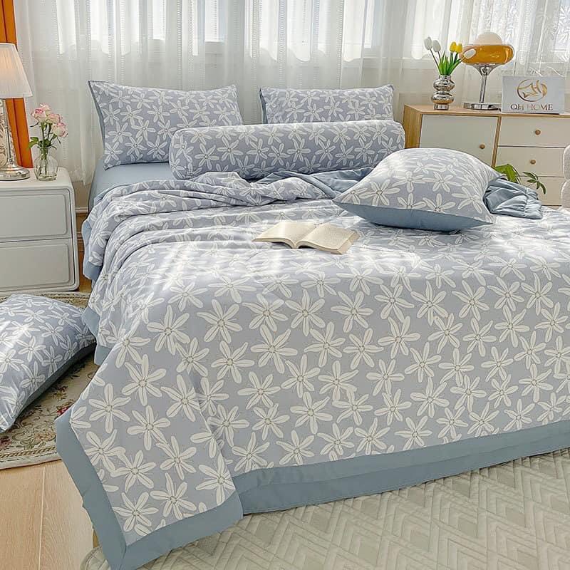 Bộ chăn ga cotton đũi 5 món kèm chăn chần gòn,ga chun sẵn nhiểu mẫu hót mềm mát