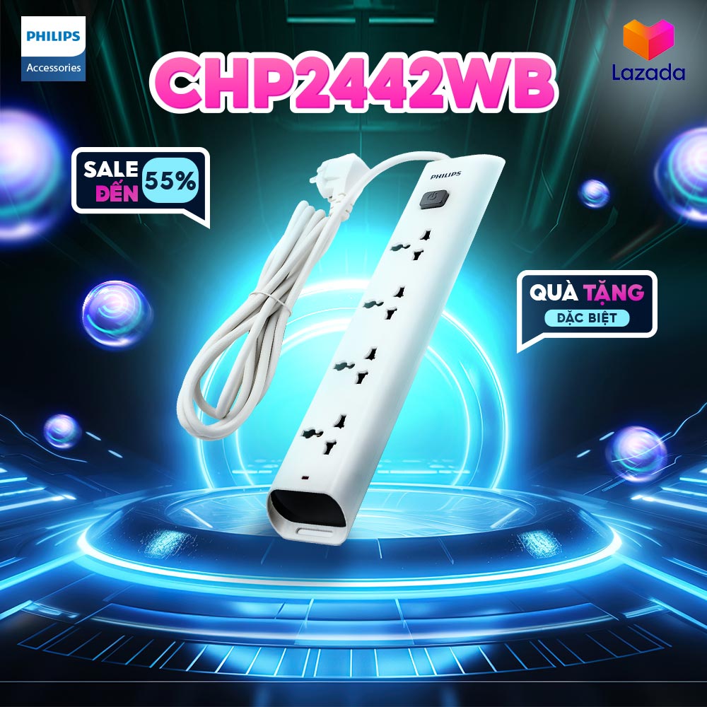 Ổ cắm điện Philips CHP2442WB 4 lỗ cắm, chịu tải 2500W, dây dài 3m, có công tắc tổng, mạch bảo vệ tự ngắt điện khi quá tải