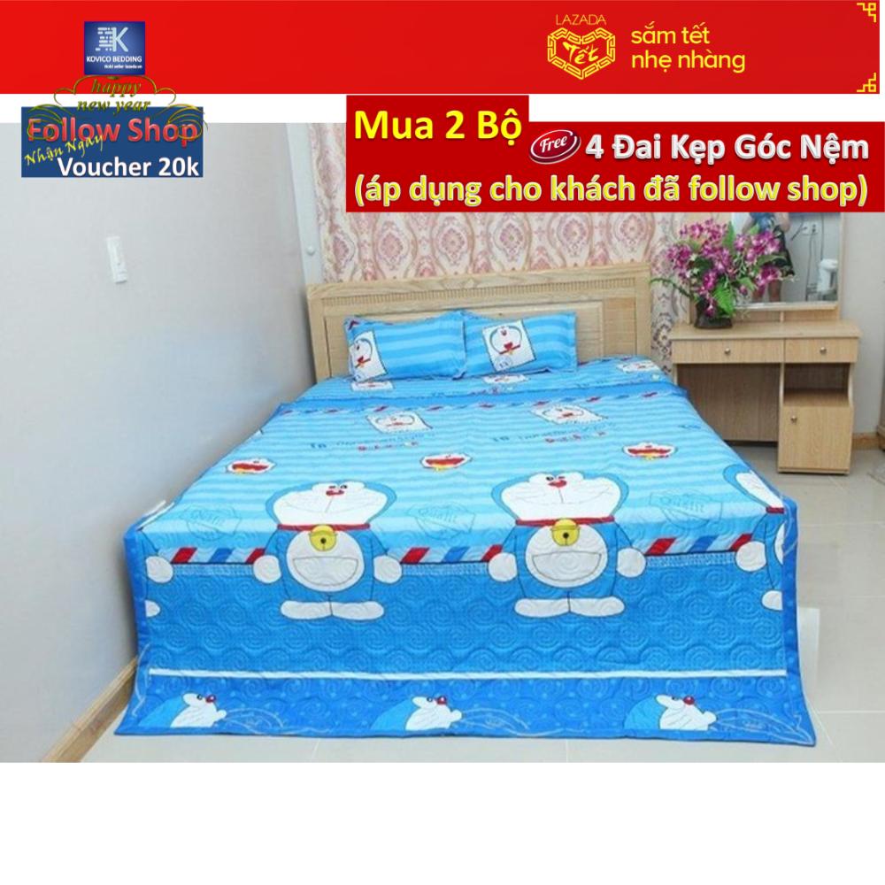 (FreeShip MAX) Bộ Chăn Ga Gối Phủ  Doraemon Bì Thư Chần Bông Vi Tính (1m8x2m)