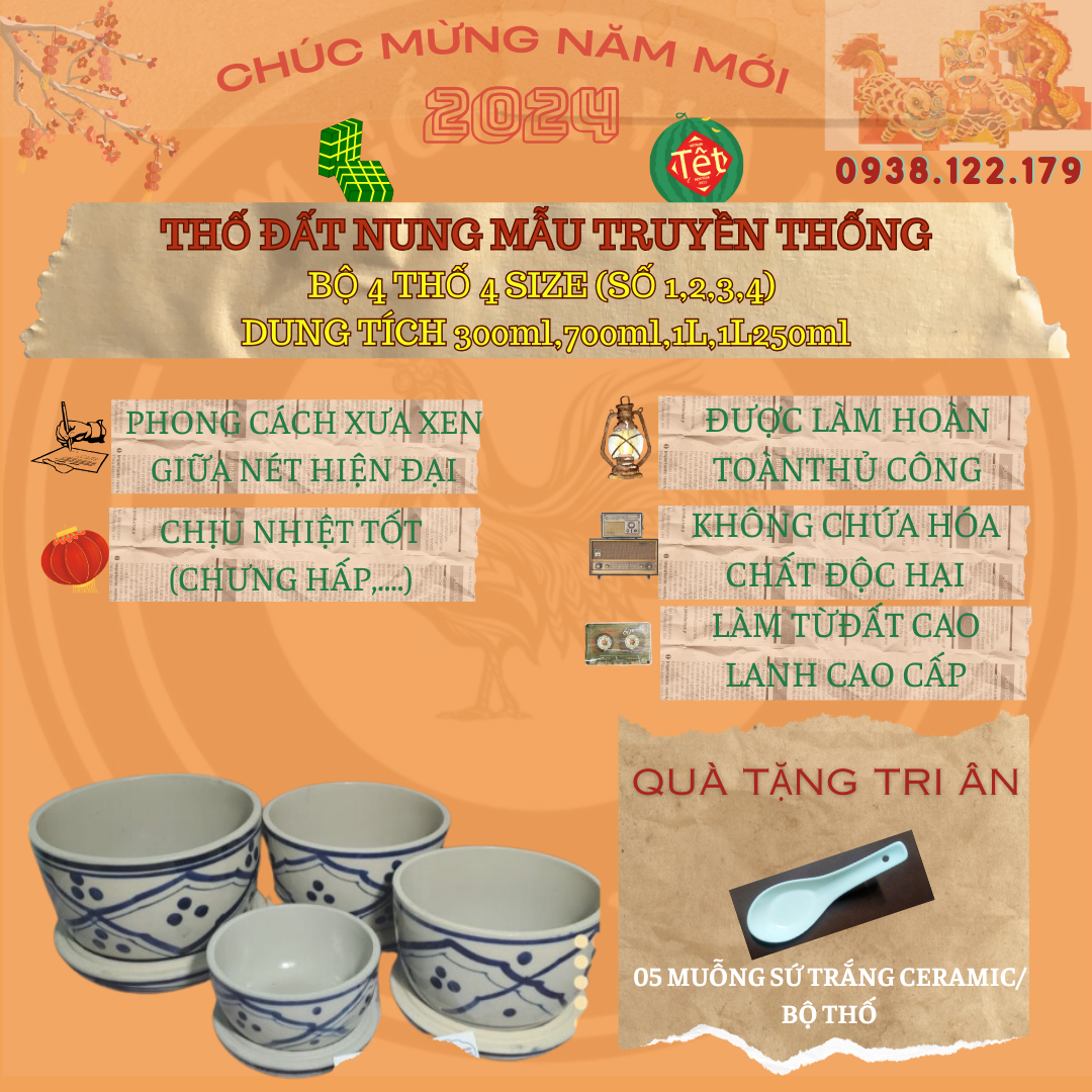 BỘ 4 THỐ HỦ ĐẤT NUNG TRUYỀN THỐNG (4 SIZE) KÈM 5 MUỖNG SỨ TRẮNG