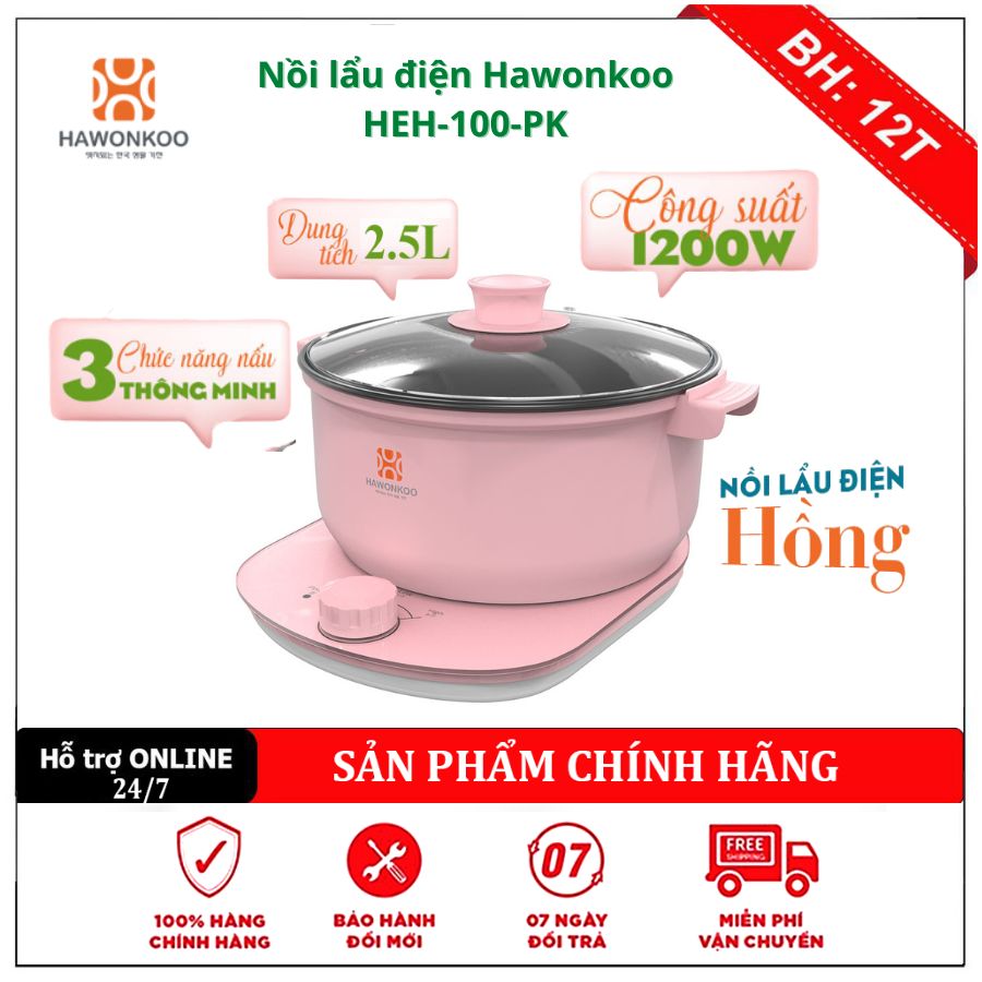 Nồi lẩu điện hawonkoo heh-100-pk, 2 màu xanh, hồng