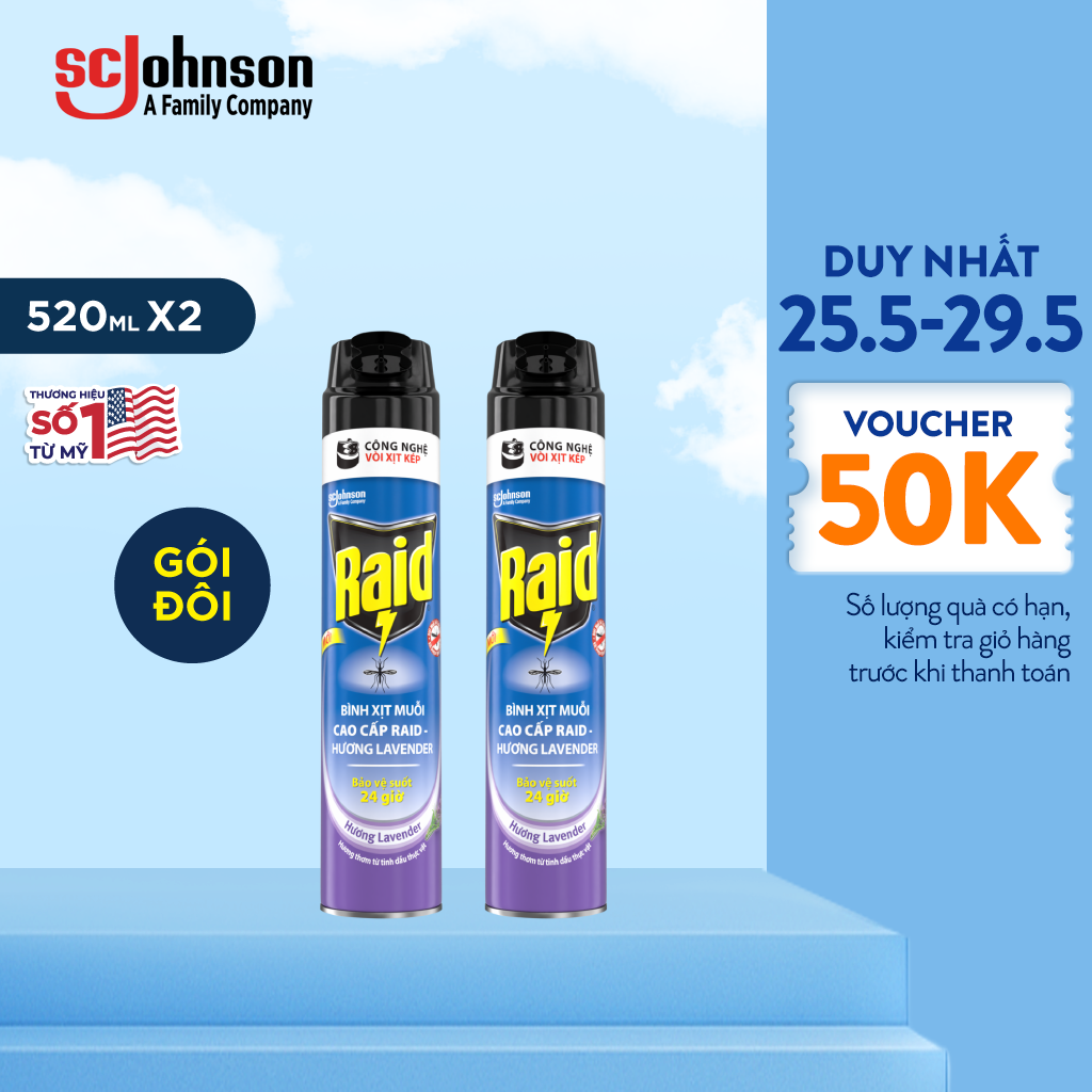 RAID - BỘ 2 CHAI XỊT MUỖI HƯƠNG LAVENDER 520ML x 2