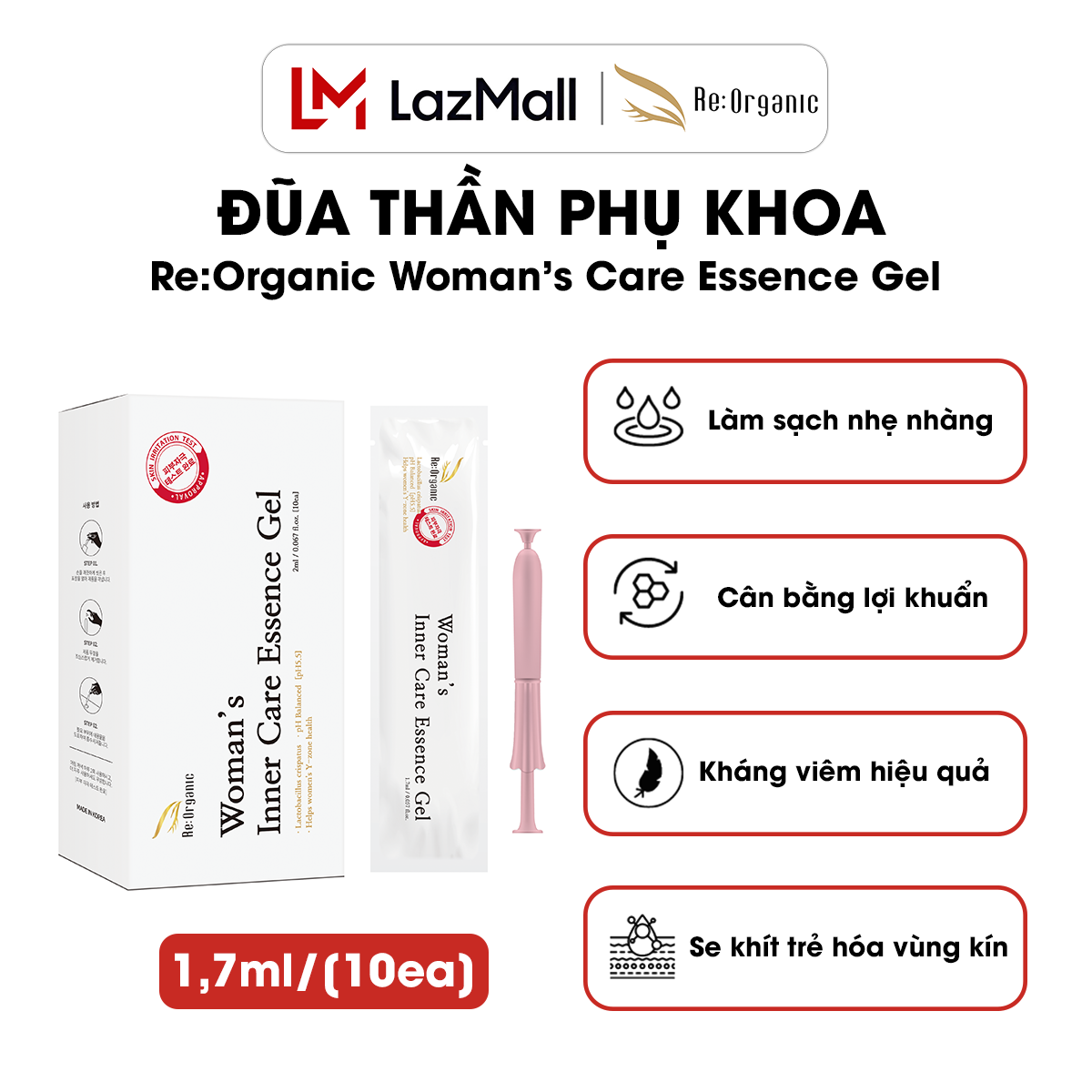 Gel phụ khoa vệ sinh vùng kín Re:Organic Care Essence Hàn Quốc hộp 10 ống, đũa thần phụ khoa se khít trẻ hóa vùng chữ Y, bổ sung lợi khuẩn ngừa viêm nhiễm