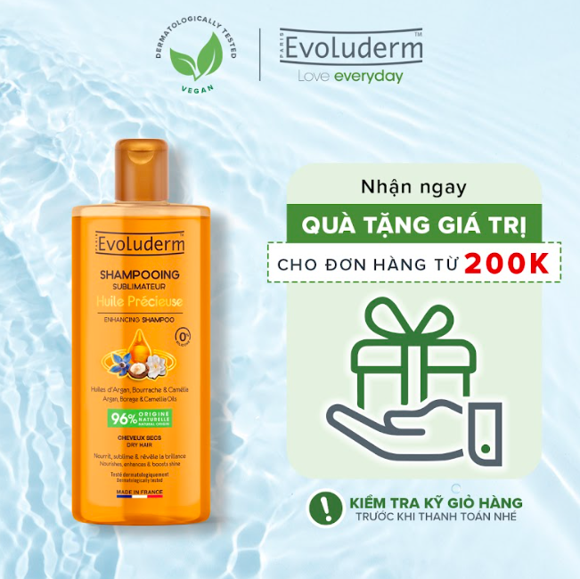Dầu gội dành cho tóc Khô Evoluderm chiết xuất Tinh dầu quý hiếm – Tinh dầu Argan – Tinh dầu Hoa Lưu Ly – Tinh dầu Hoa Trà Evoluderm Shampoing Sublimateur Huile Précieuse 400ml