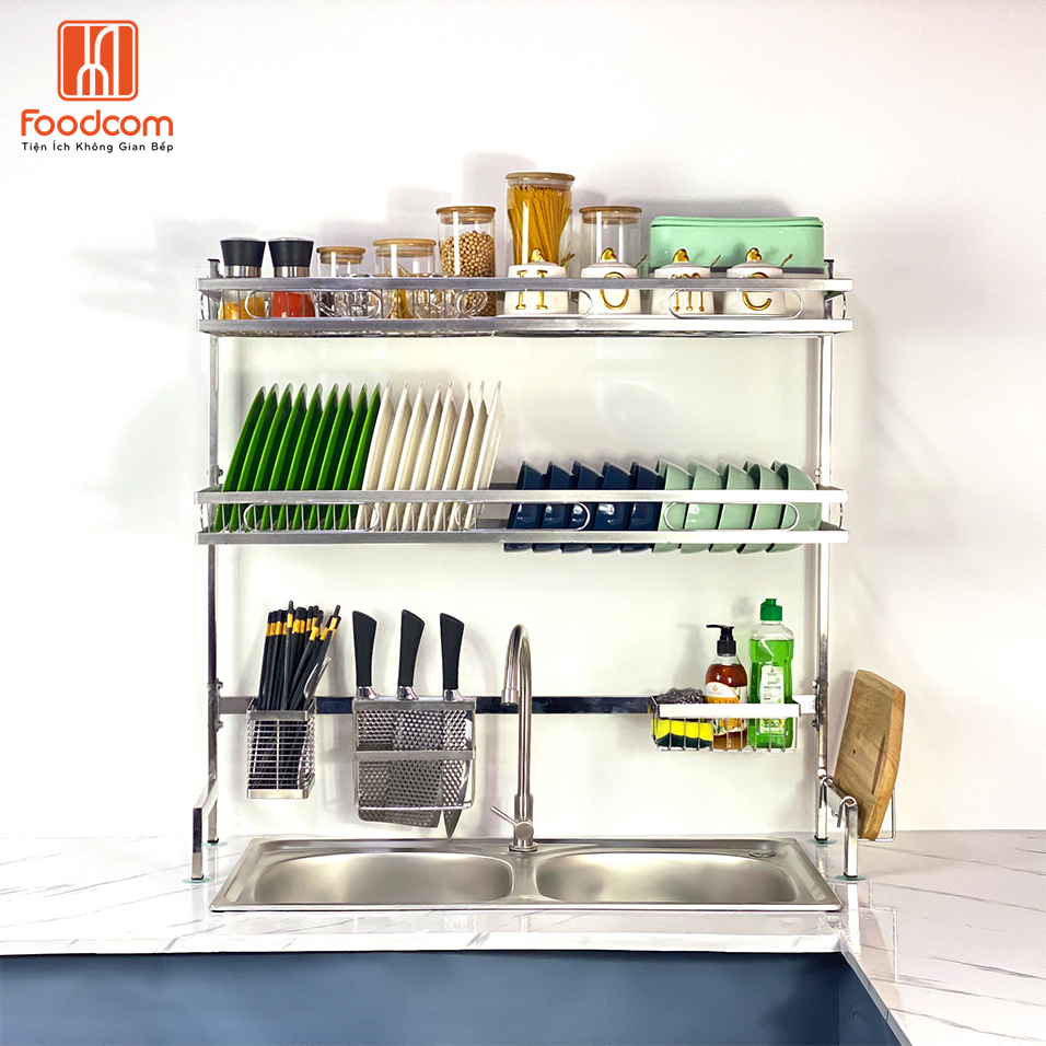 85CM 2 TẦNG - Kệ chén bát inox Foodcom -  Made In Việt Nam  - Giá đựng chén đặt trên chậu rửa chén