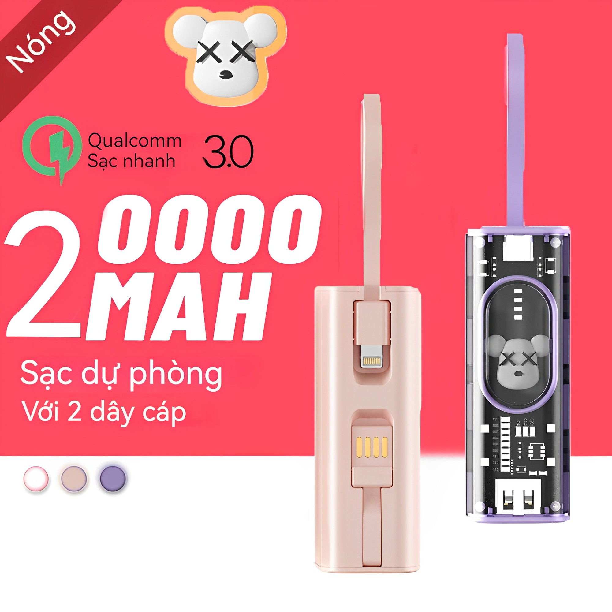 Sạc pin dự phòng 20000mAh sạc nhanh, sạc dự phòng mini cầm tay 2 dây Đèn LED USB hiển thị pin dự phòng