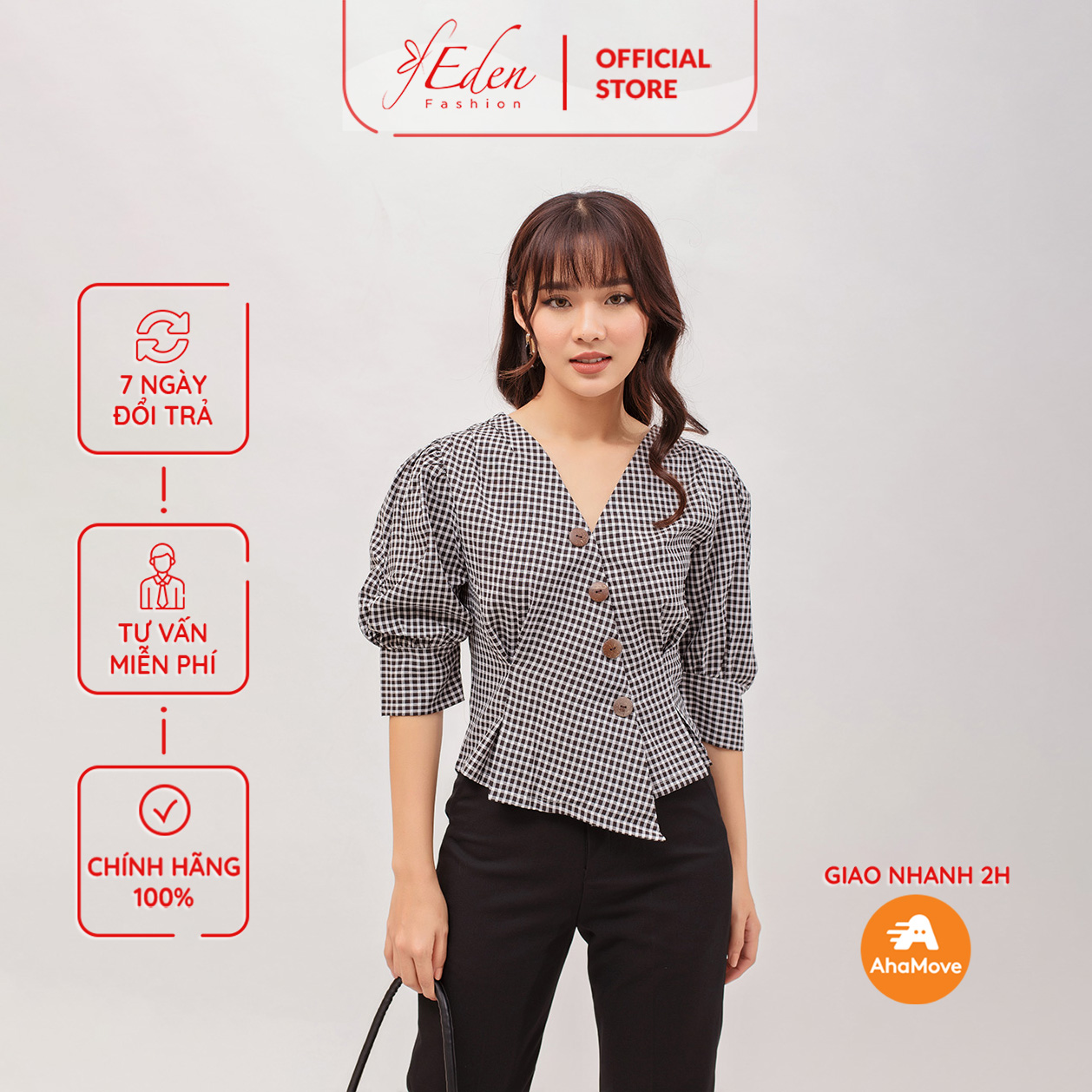 Áo nữ caro công sở thời trang Eden cổ chữ v kiểu dáng ngắn xếp li tay rút freesize dễ phối đồ - ASM078