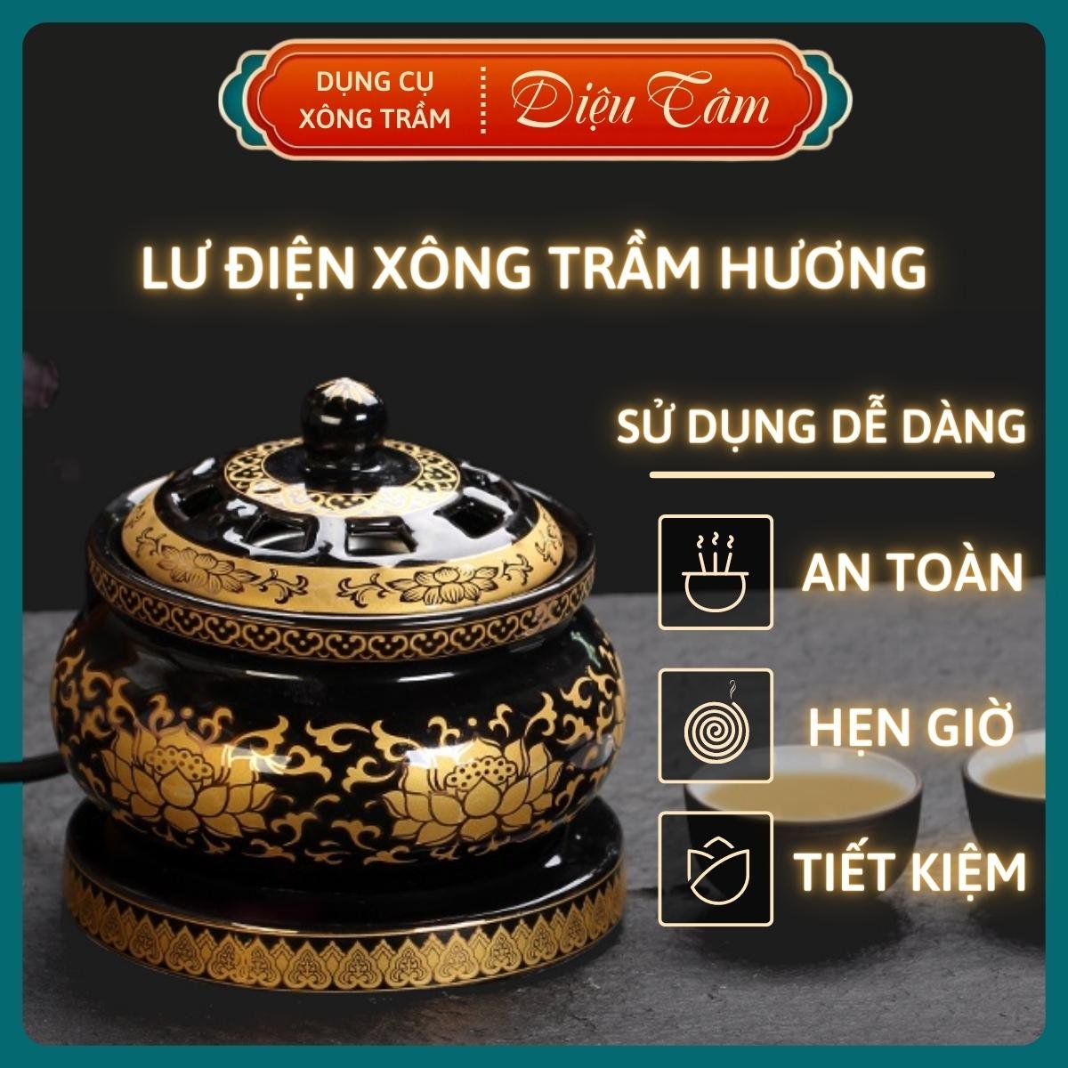 Lư điện xông trầm hương Lư điện thay cho lư đồng xông trầm lư sen vàng - Dụng cụ xông trầm hương Diệu Tâm