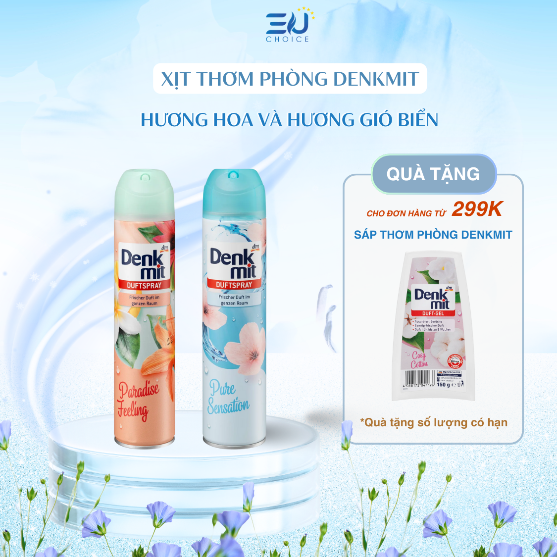 Bình xịt thơm phòng Denkmit 300ml hương hoa khử mùi hàng chuẩn nội địa Đức chính hãng 100% - EU Choice