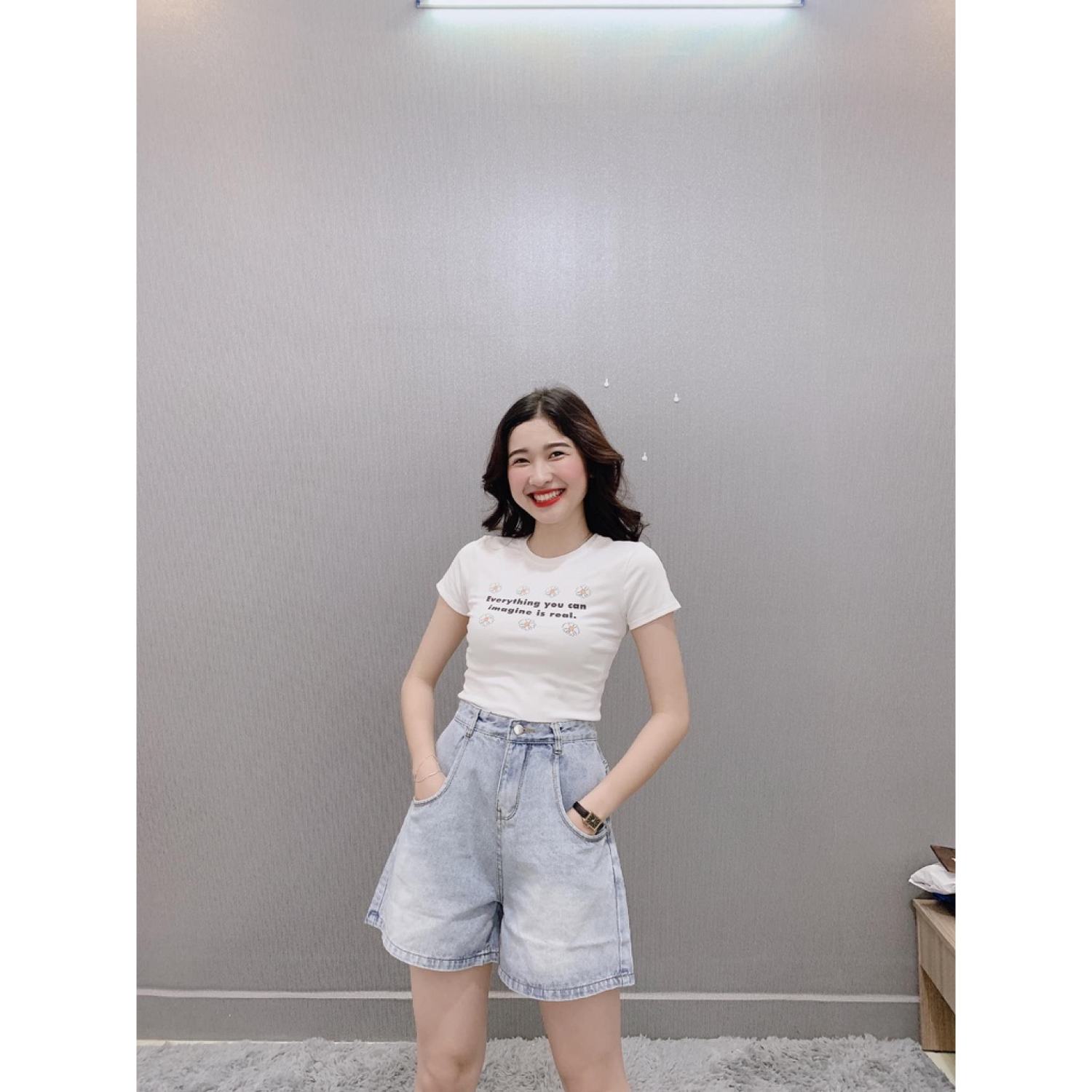 Quần short jean nữ, lưng cao ống rộng bigsize 60kg-80kg