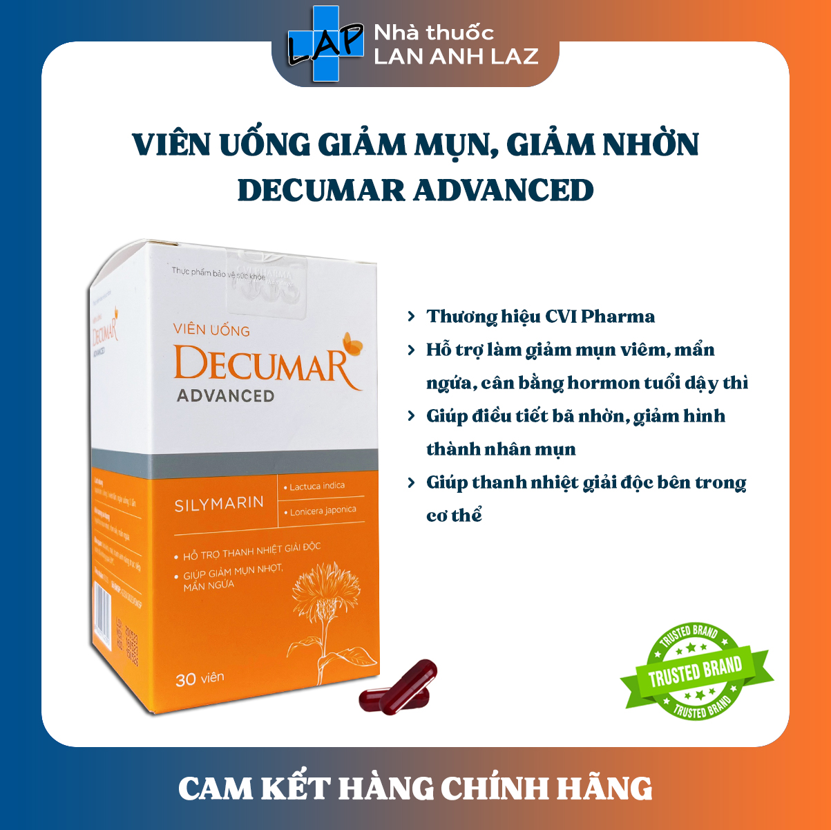 Viên uống decumar advance - giúp thanh nhiệt, giảm mụn viêm, điều tiết bã nhờn, giảm hình thành nhân mụn.